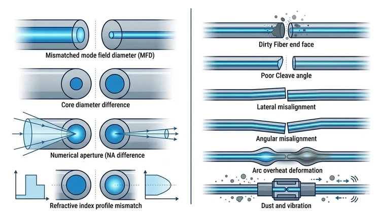 Diagram showing the causes of fiber splice loss Diagram showing the causes of fiber splice loss