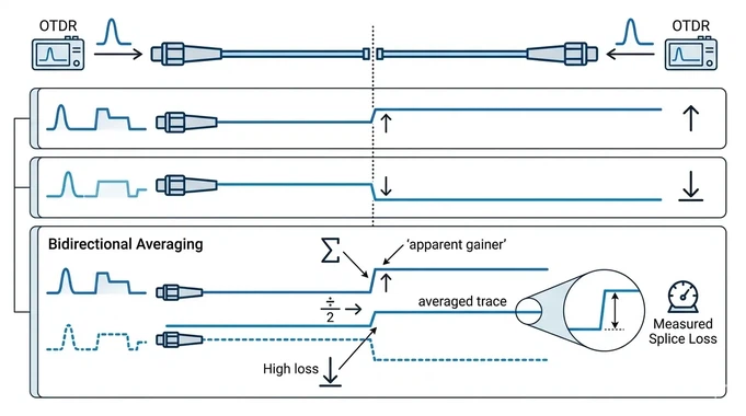 Illustration of bidirectional OTDR testing on the same fiber splice Illustration of bidirectional OTDR testing on the same fiber splice
