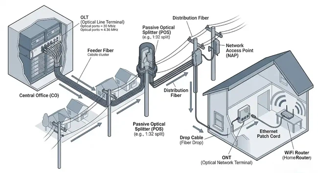 OLT, splitter and ONT in a passive optical network OLT, splitter and ONT in a passive optical network