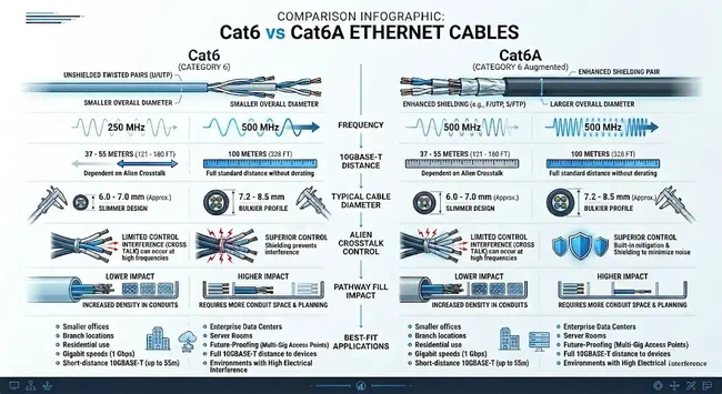 Cat6 vs Cat6A comparison for speed, distance, and cable size Cat6 vs Cat6A comparison for speed, distance, and cable size