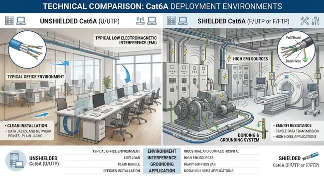 Shielded and unshielded Cat6A in different installation environments Shielded and unshielded Cat6A in different installation environments