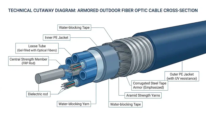 Outdoor fiber optic cable structure showing the armor layer@hengtongglobal Outdoor fiber optic cable structure showing the armor layer@hengtongglobal