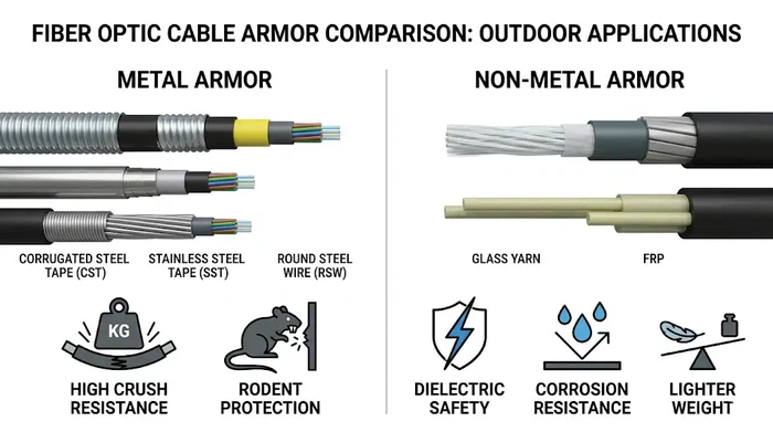 Metal armor and non-metal armor comparison for fiber optic cables@hengtongglobal Metal armor and non-metal armor comparison for fiber optic cables@hengtongglobal