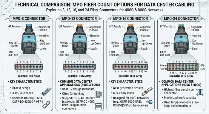 Comparison of 8, 12, 16, and 24 fiber MPO connectors@hengtongglobal Comparison of 8, 12, 16, and 24 fiber MPO connectors@hengtongglobal